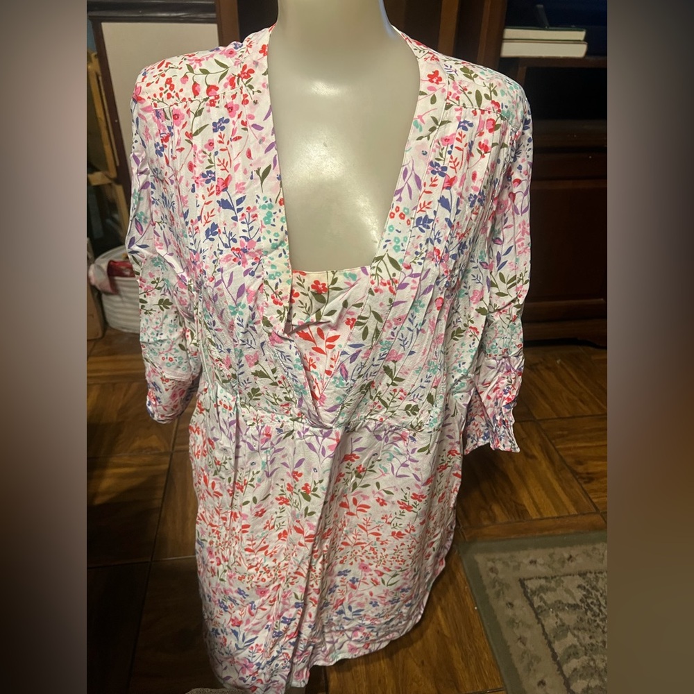 Woman Within Floral Print Blouse - Pink, Red, Green